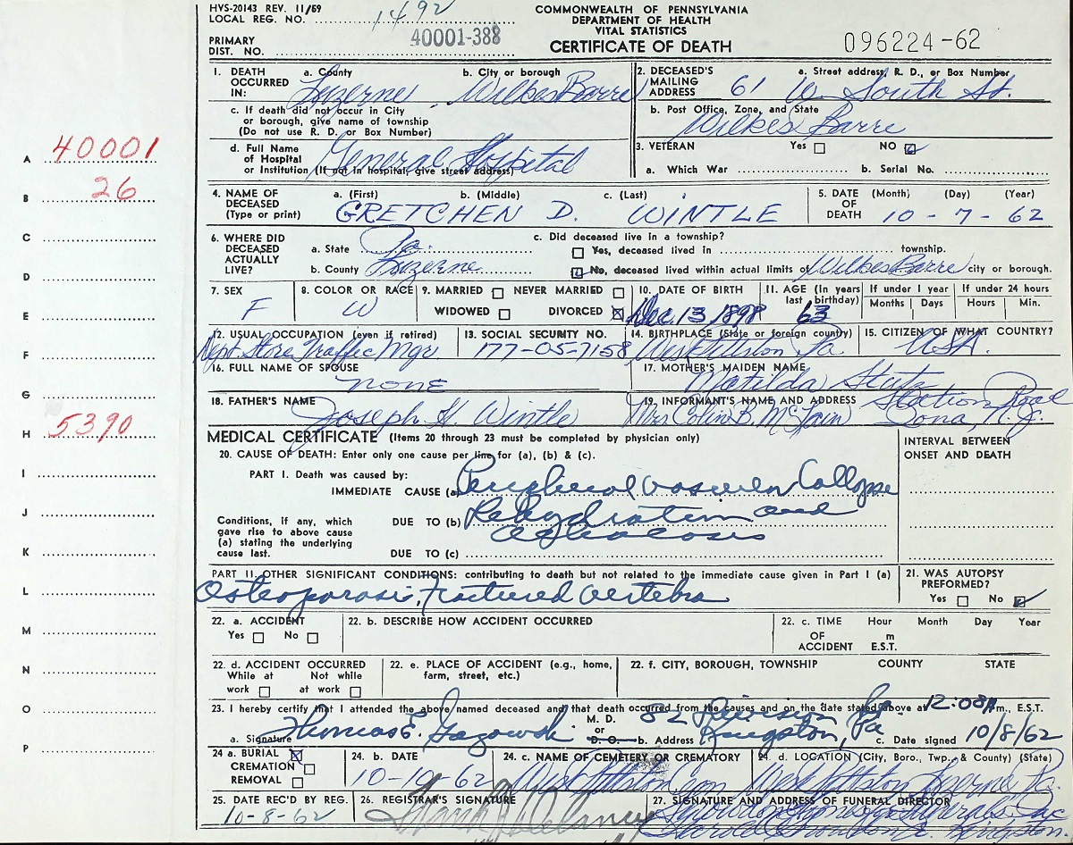 Gretchen Wintle Death Certificate
