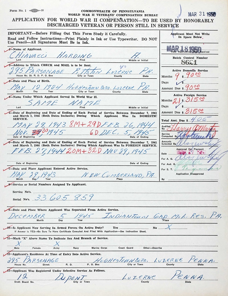 Harding Chiavacci Service Record