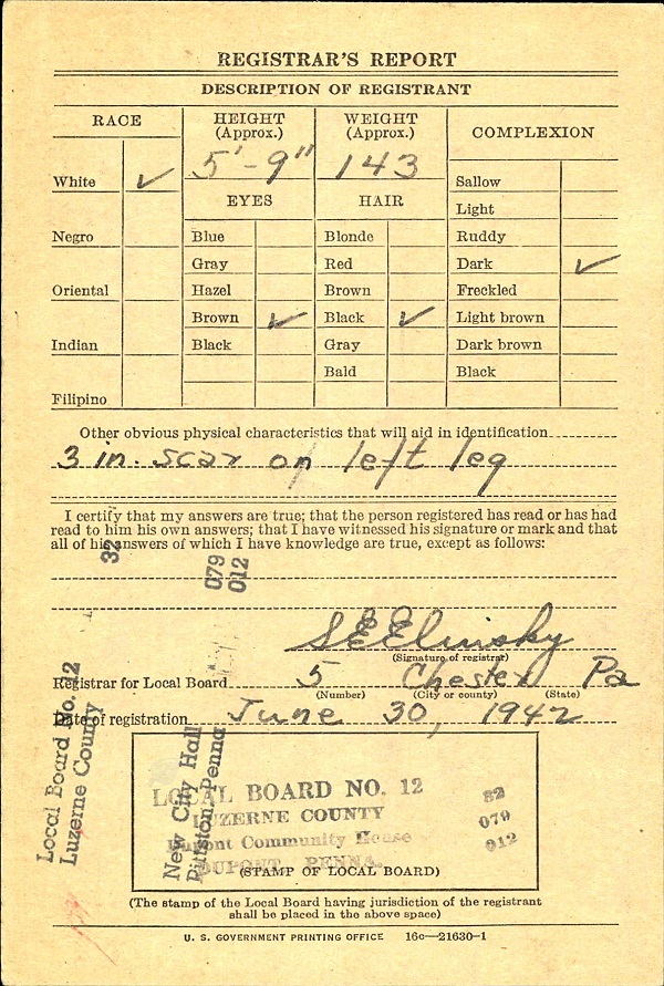 Harding Chiavacci WW2 Draft Registration