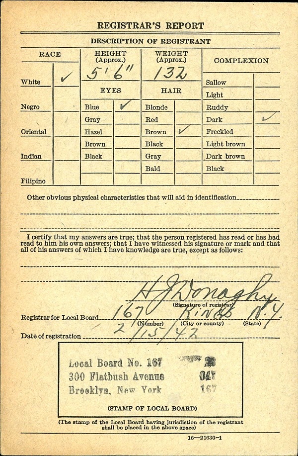 Harry Calarino World War II Draft Registration