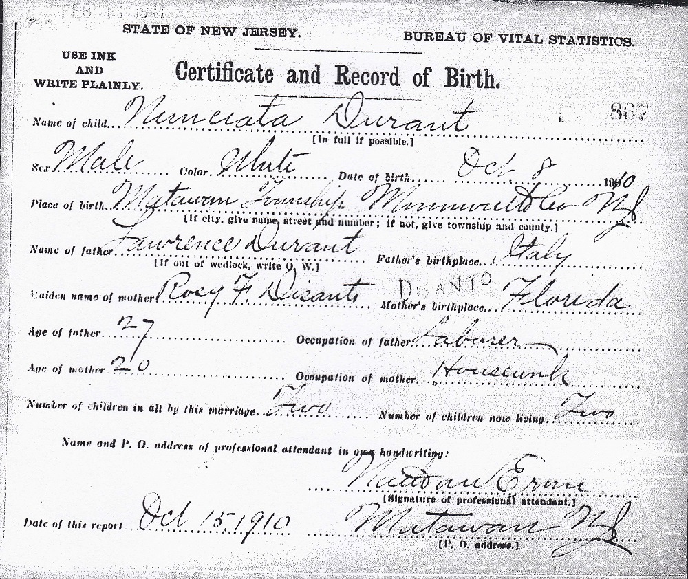 Helen Durante Birth Certificate