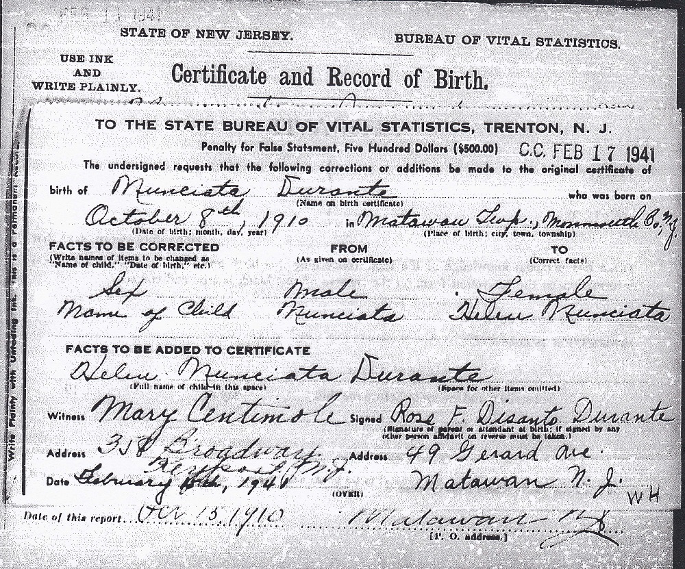 Helen Durante Birth Certificate Correction