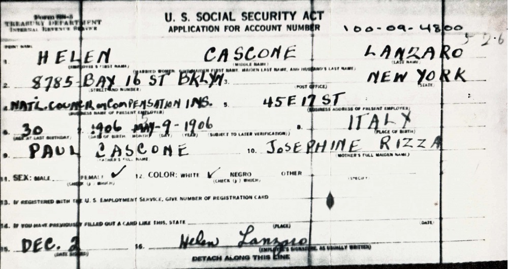 Helen (Cascone) Lanzaro Application for U.S. Social Security Card