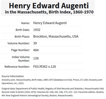 Henry Edward Augenti Birth Index