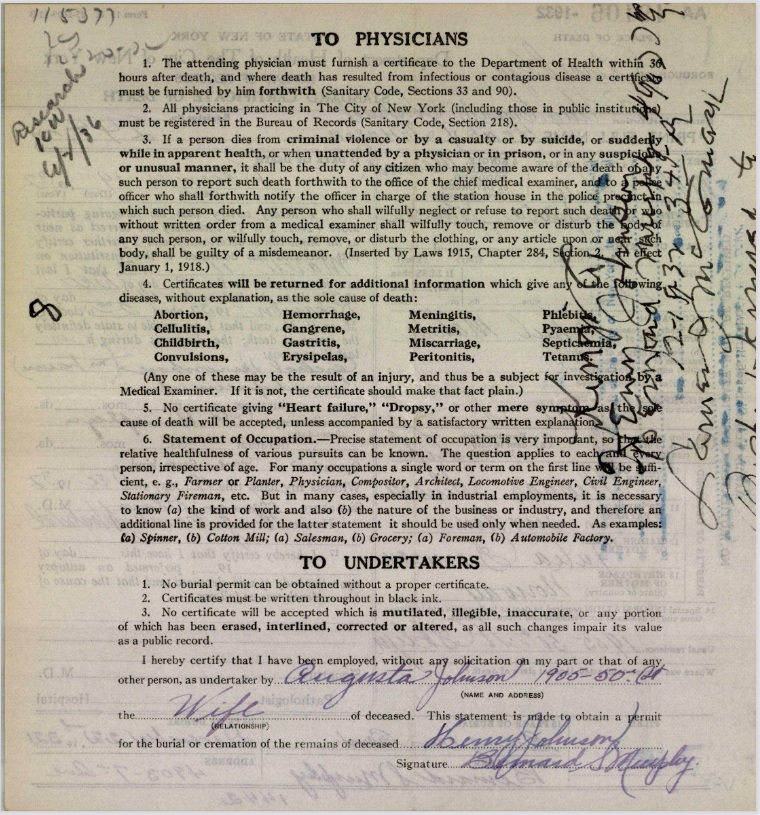 Henry Johnson Death Certificate