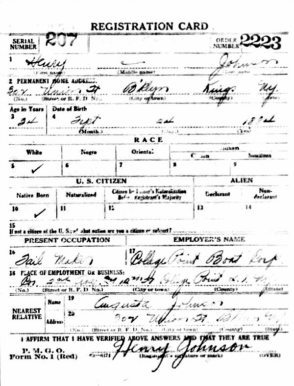Henry Johnson WW1 Draft Registration