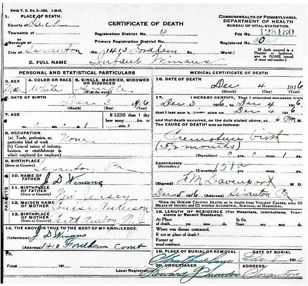 Male Infant Winans Death Certificate