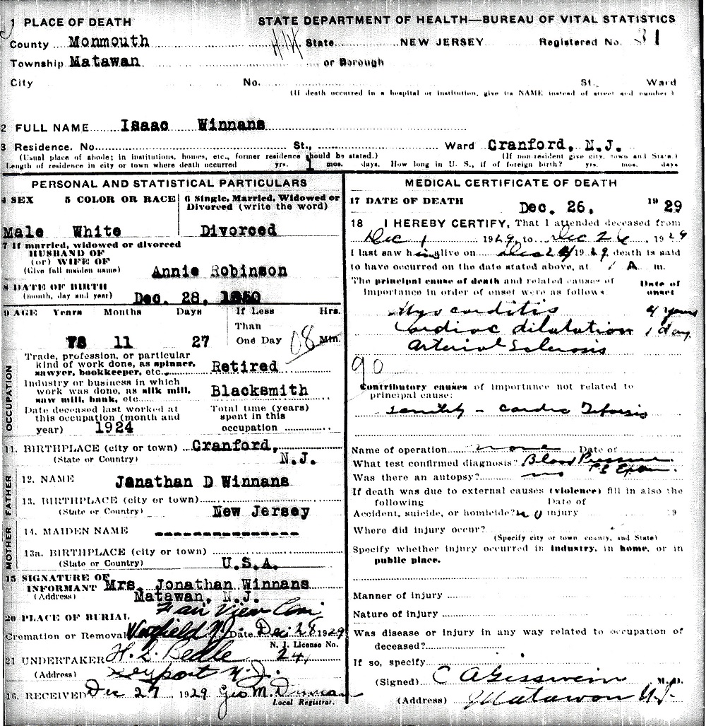 Isaac Winans Death Certificate