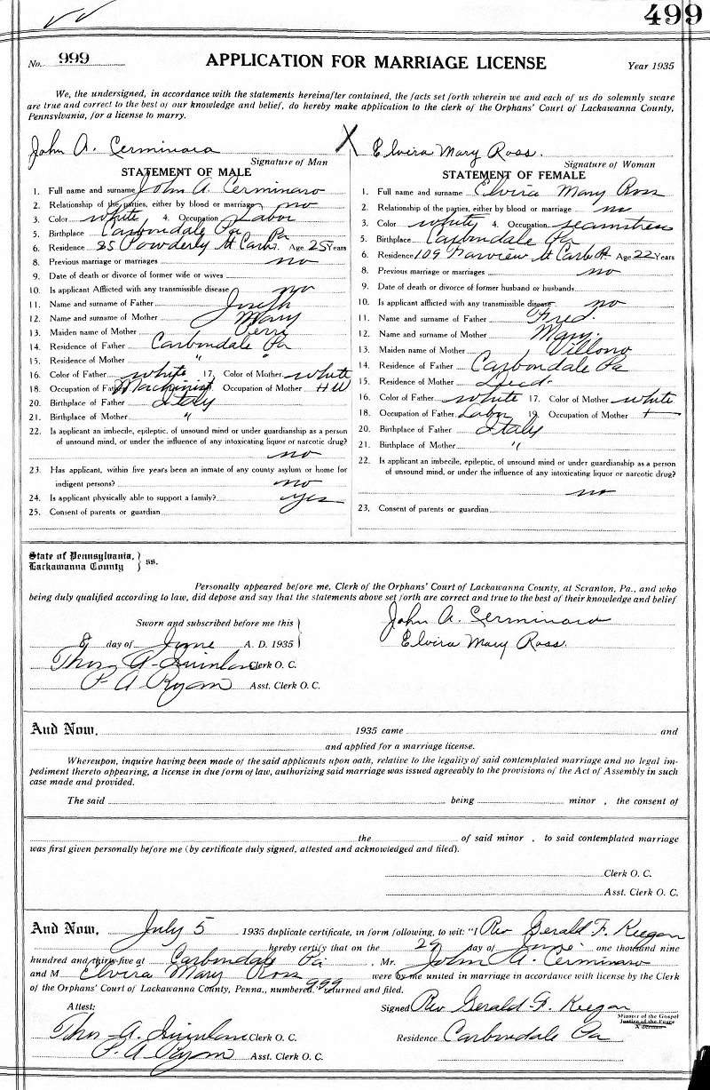 Jack Cerminaro and Alice Ross Marriage Record