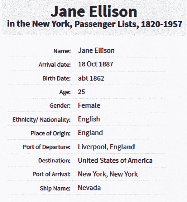 Jane Ellison Immigration Passenger List