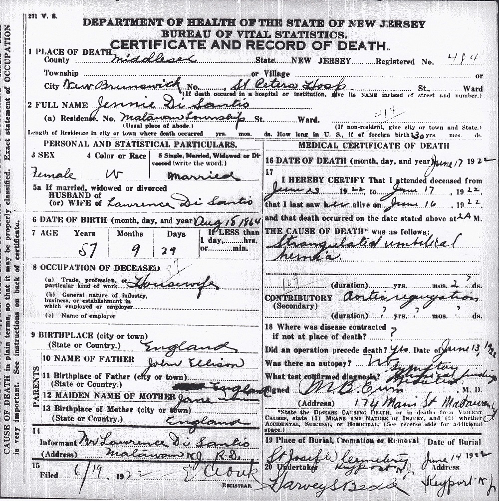 Jennie Ellison DiSanto Death Certificate