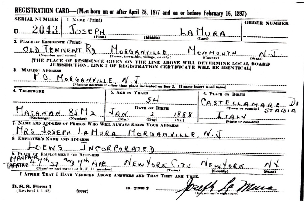 Joseph C. LaMura Sr. WW2 Draft Registration