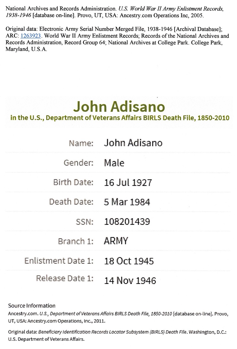 John J. Adisano Military Records