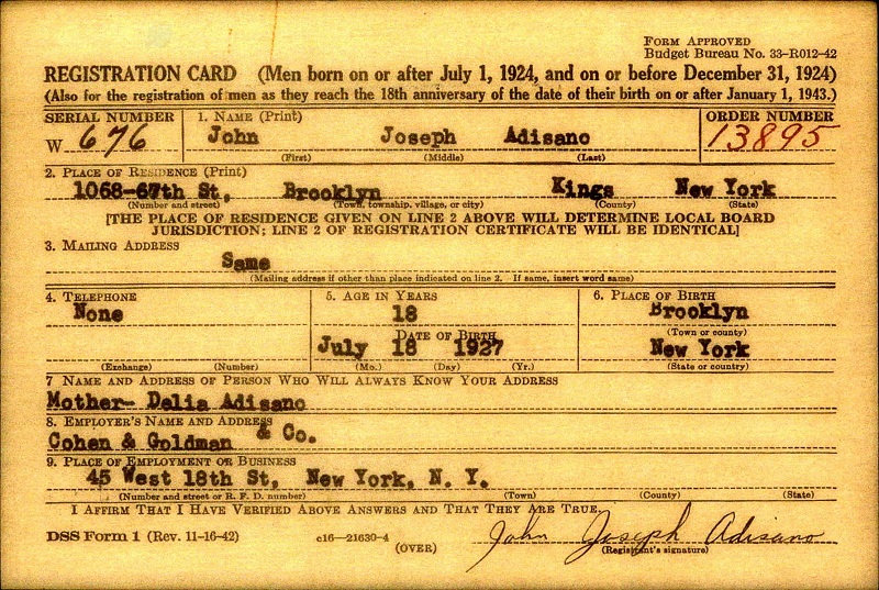 John Joseph Adisano WW2 Draft Registration