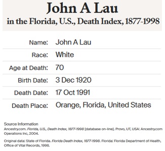 John Albert Lau Death Index