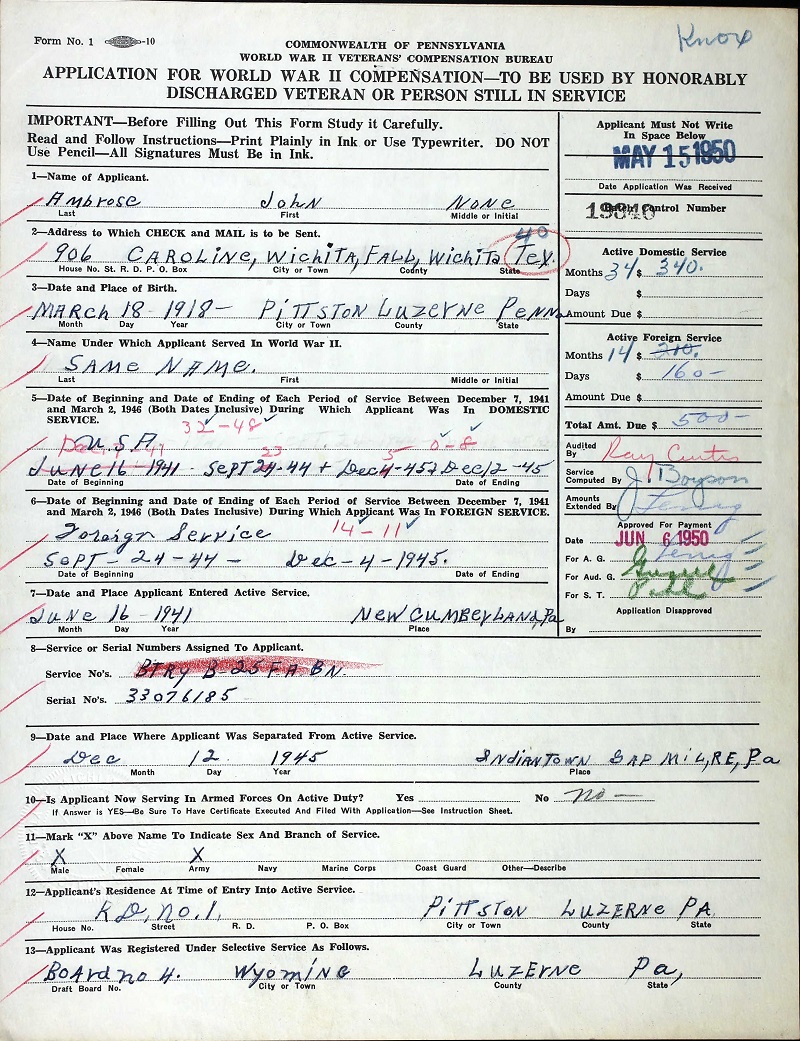 John Ambrose WW2 Draft Registration