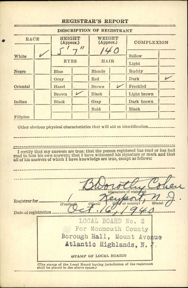 John J. Centimole WW2 Draft Registration