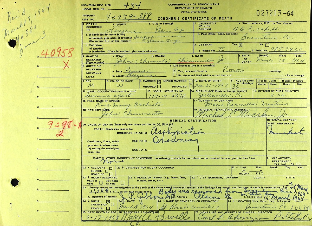 John Chimento Death Certificate