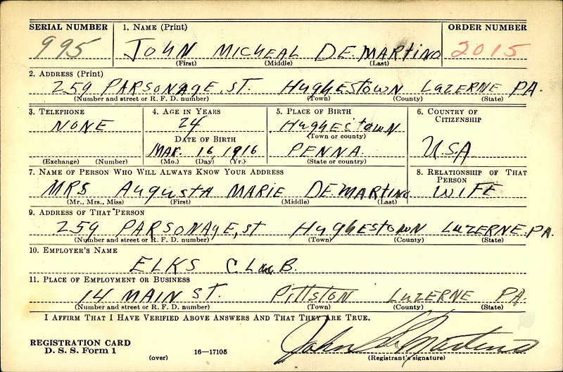 John DeMartino World War II Draft Registration