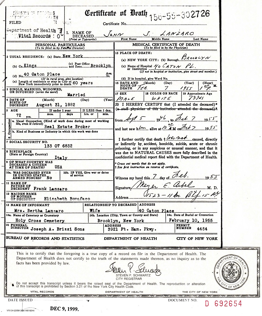 John J. Lanzaro Death Certificate
