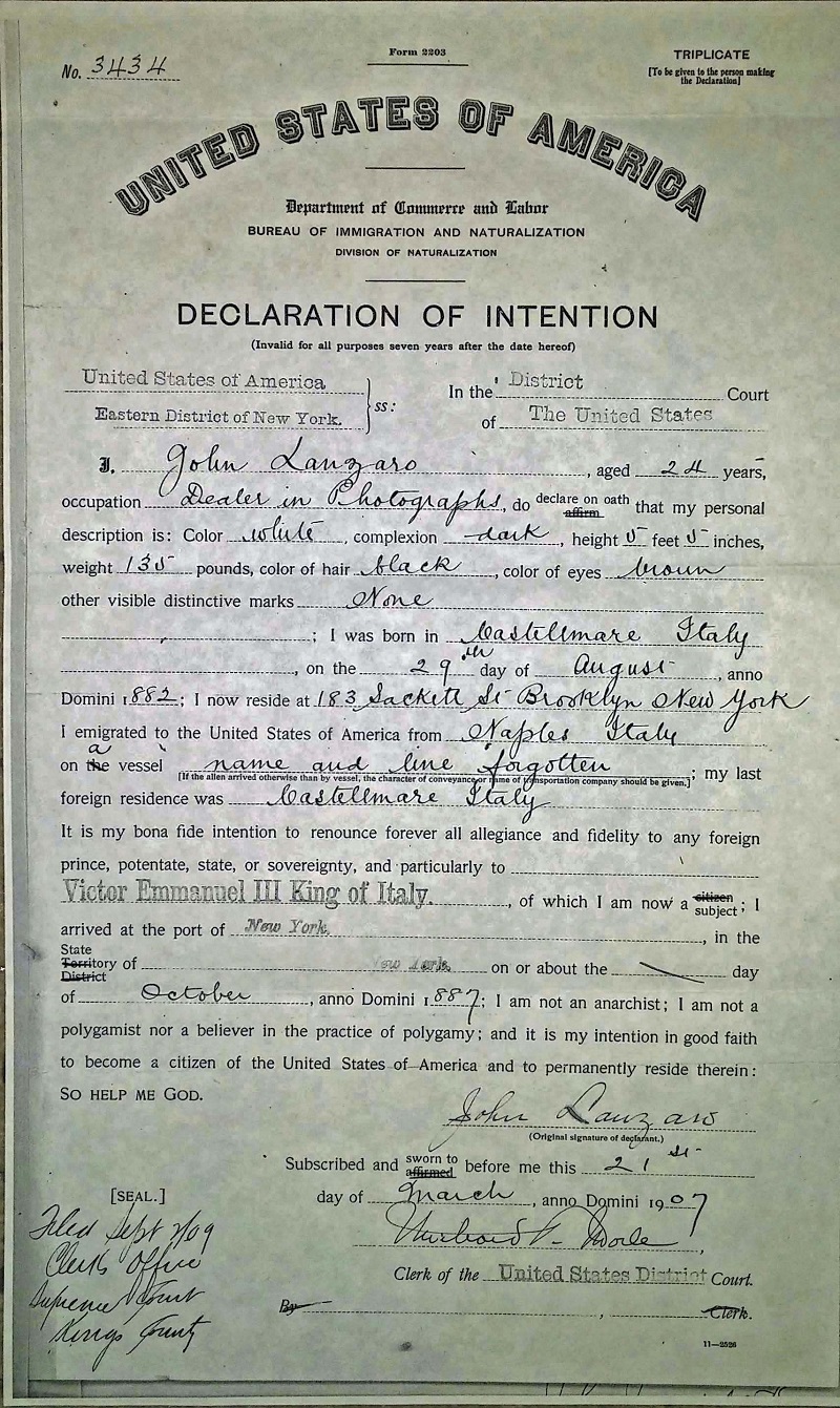 John Lanzaro Naturalization Record