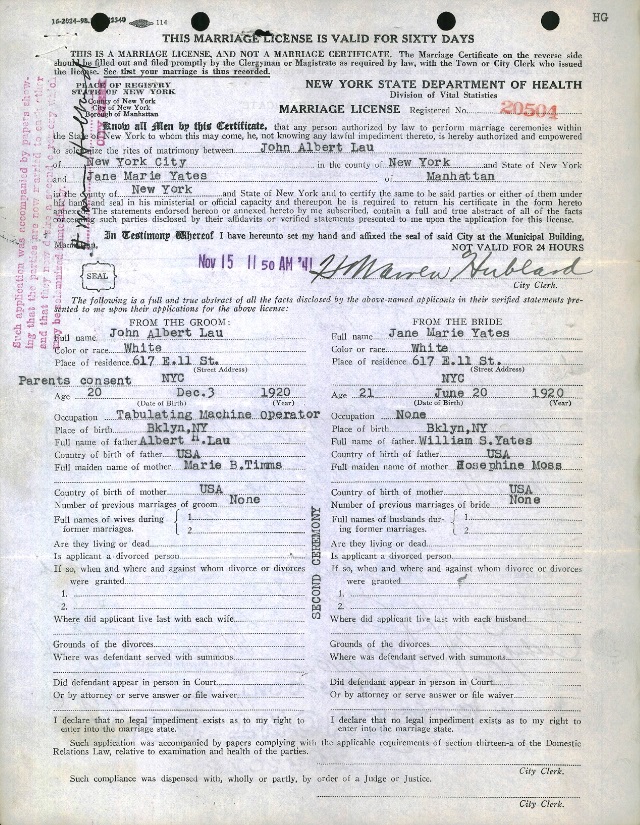 John A. Lau and Jane Yates Marriage Certificate