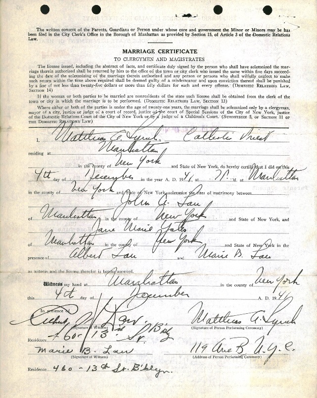 John A. Lau and Jane Yates Marriage Certificate
