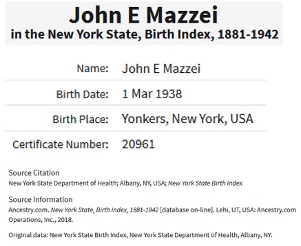 John R. Mazzei Birth Index