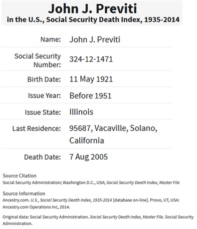 John Joseph Previti Death Index