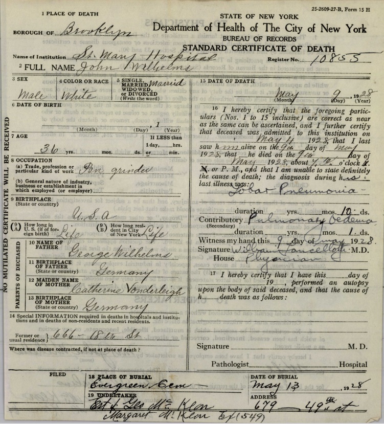 John Wilhelms Death Certificate