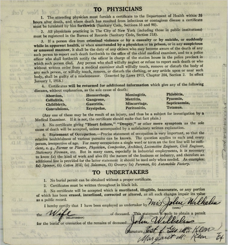 John Wilhelms Death Certificate
