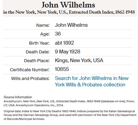 John Wilhelms Death Index