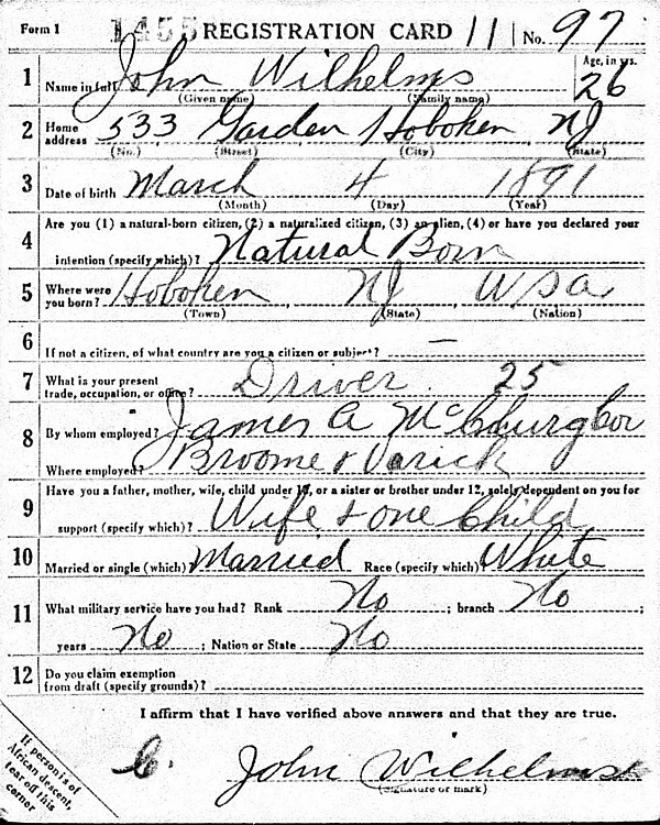 John Wilhelms WW1 Draft Registration