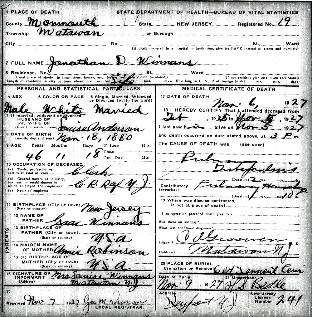 Jonathan Dayton Winans Death Certificate