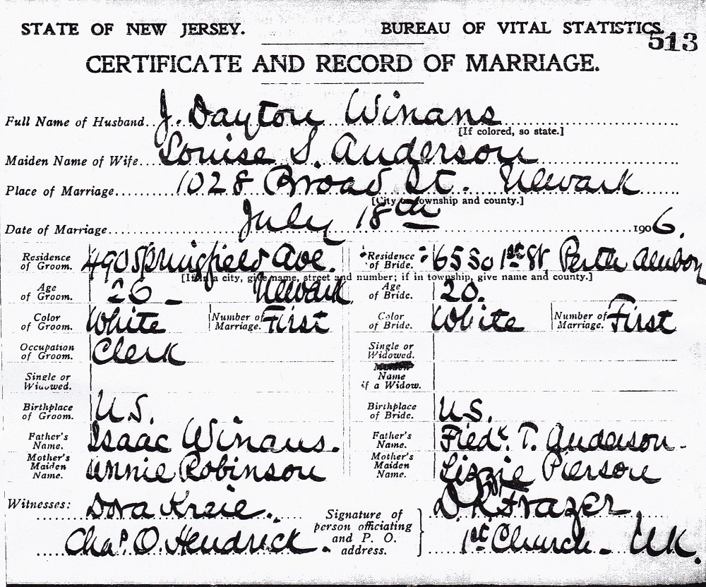 Jonathan Dayton Winans and Louise Sophie Anderson Marriage Certificate