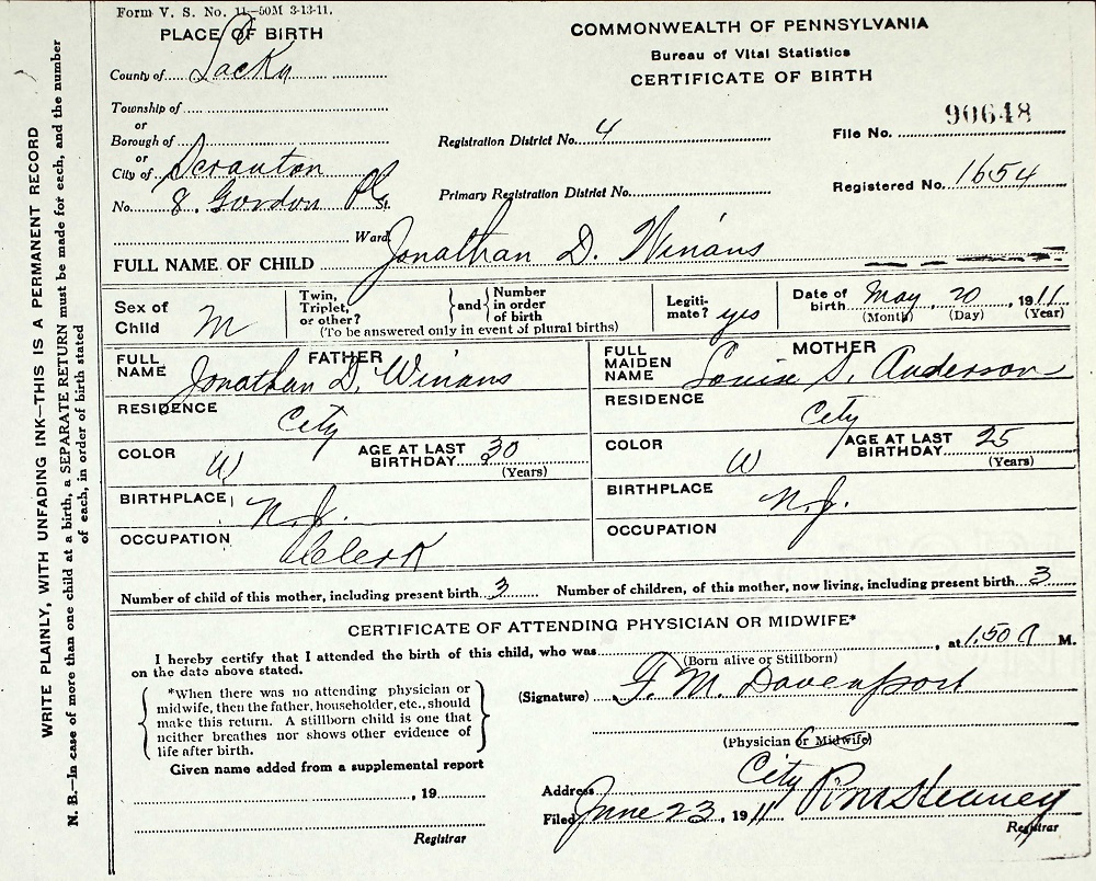 Jonathan Dayton Winans Birth Certificate