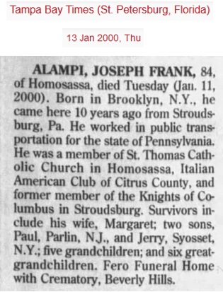 Joseph Frank Alampi Obituary