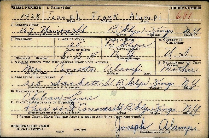 Joseph Frank Alampi WW2 Draft Registration