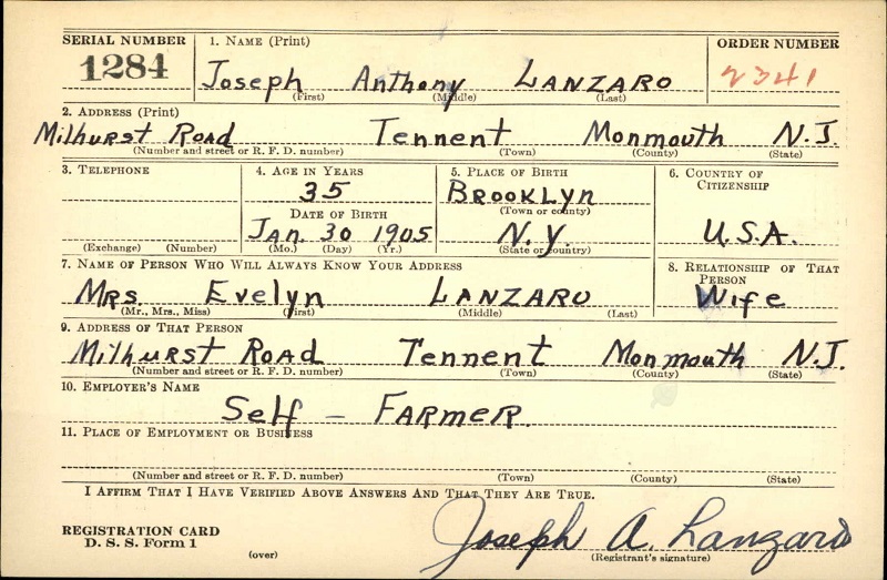 Joseph A. Lanzaro WW2 Draft Registration