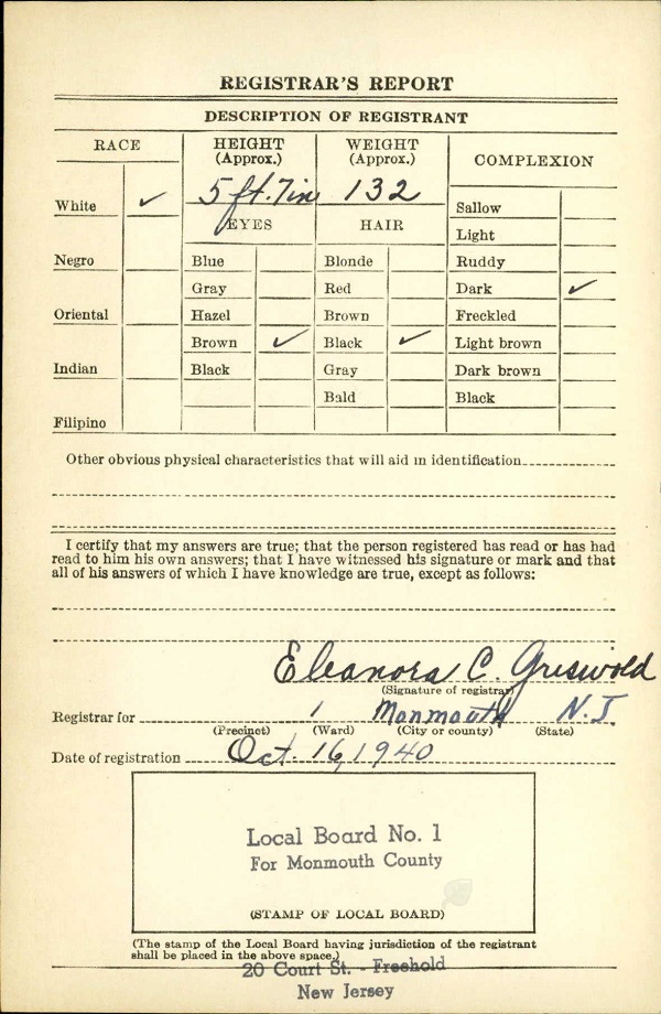 Joseph A. Lanzaro WW2 Draft Registration