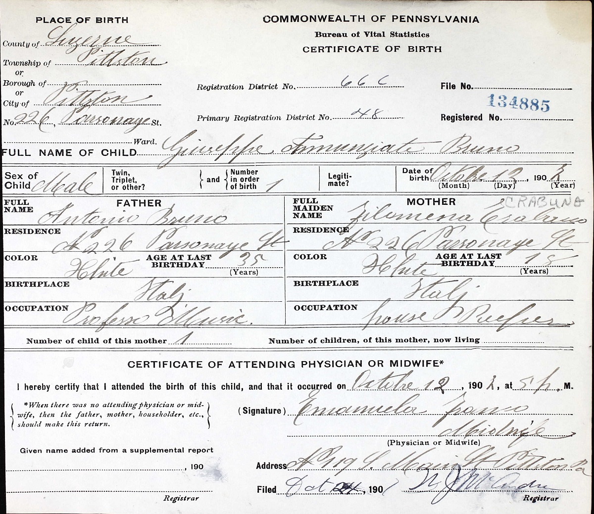 Joseph Bruno Birth Certificate