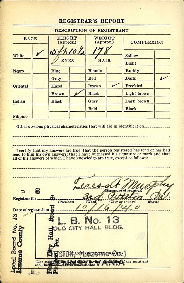 Joseph Bruno World War II Draft Registration