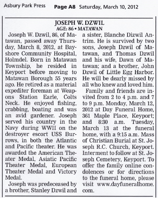 Joseph W. Dzwil Obituary