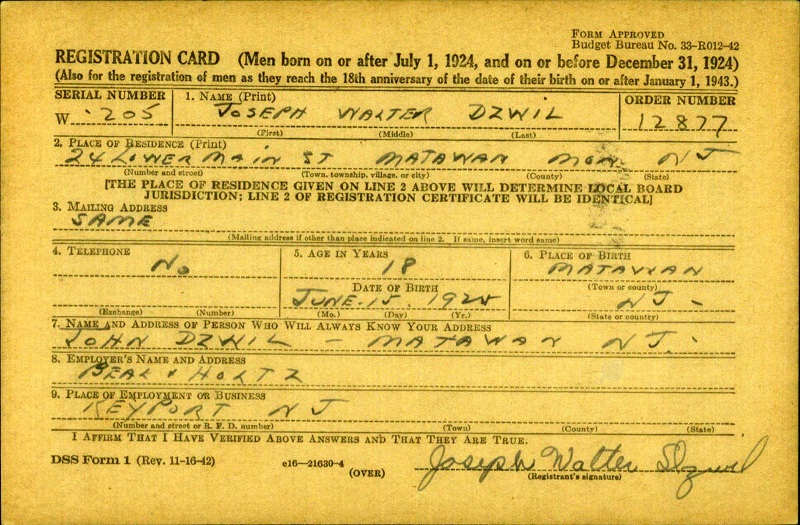 Joseph W. Dzwil WW2 Draft Registration