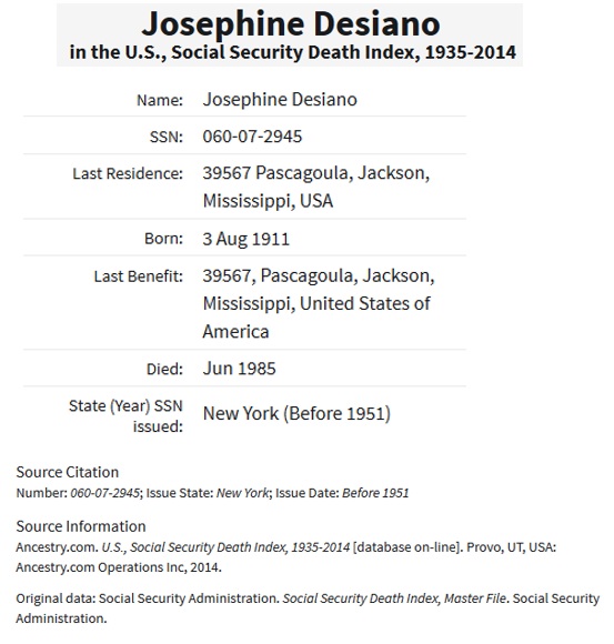 Josephine (Tomaka) Desiano SSDI