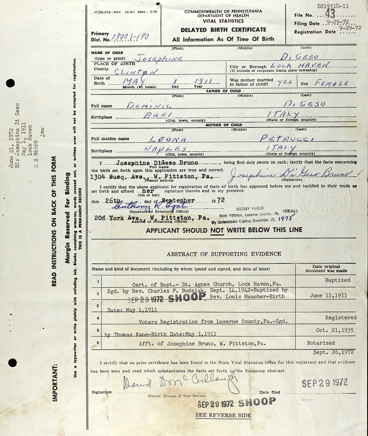 Josephine Di Geso Birth Certificate
