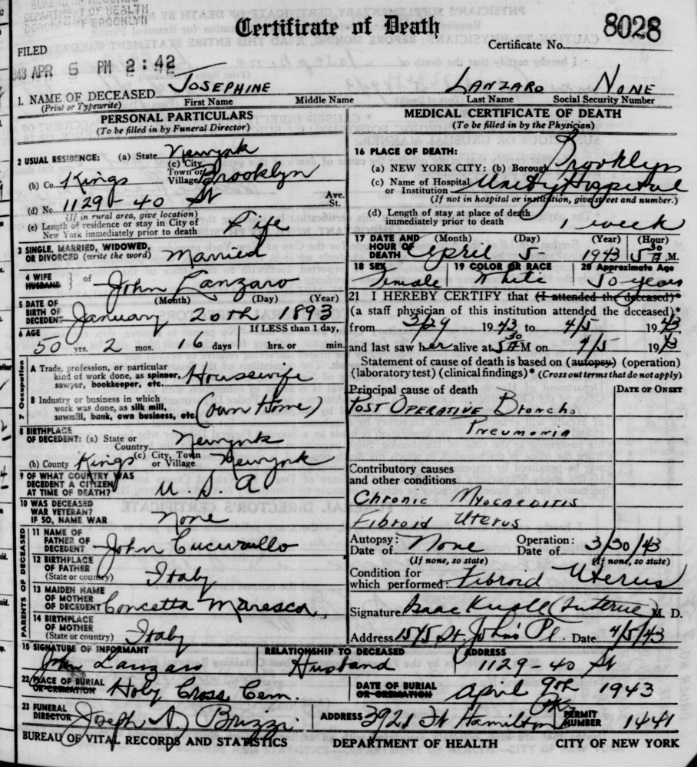 Josephine Cuccurullo Lanzaro Death Certificate