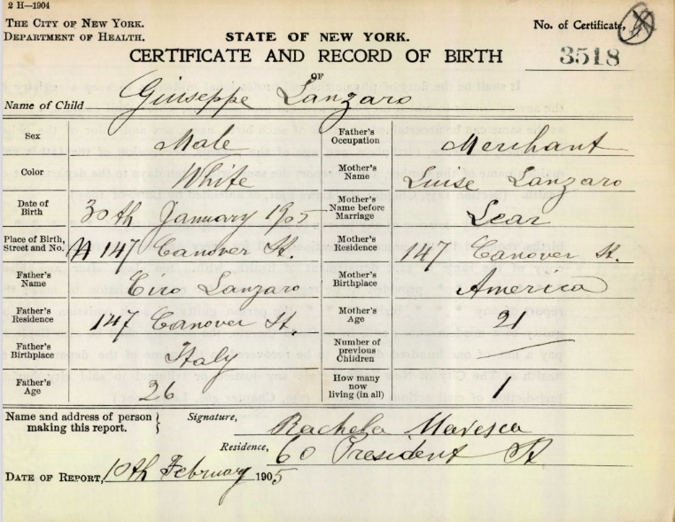 Joseph A. Lanzaro Birth Certificate