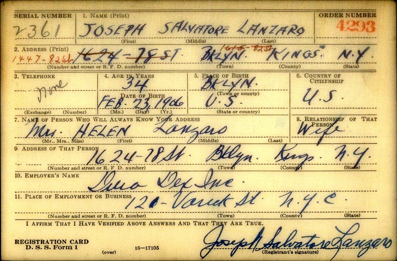 Joseph S. Lanzaro WW2 Draft Registration