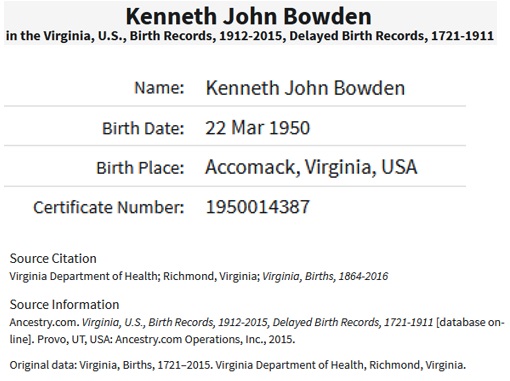 Kenneth John Bowden Birth Index
